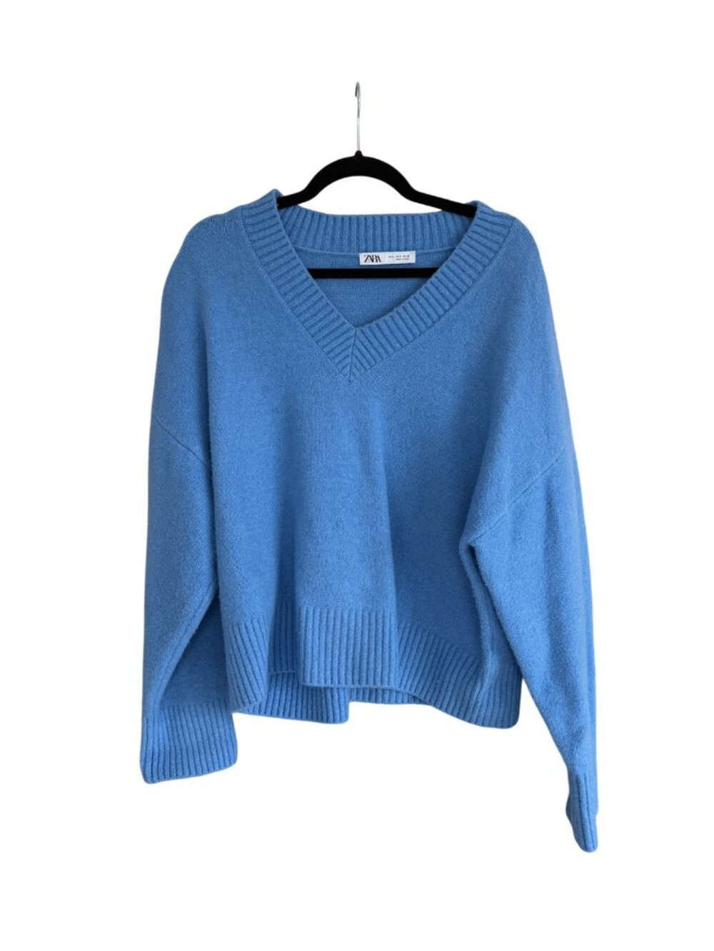 ZARA Size Small (S) Blue V-Neck Knit Pullover Sweater Ribbed Trim